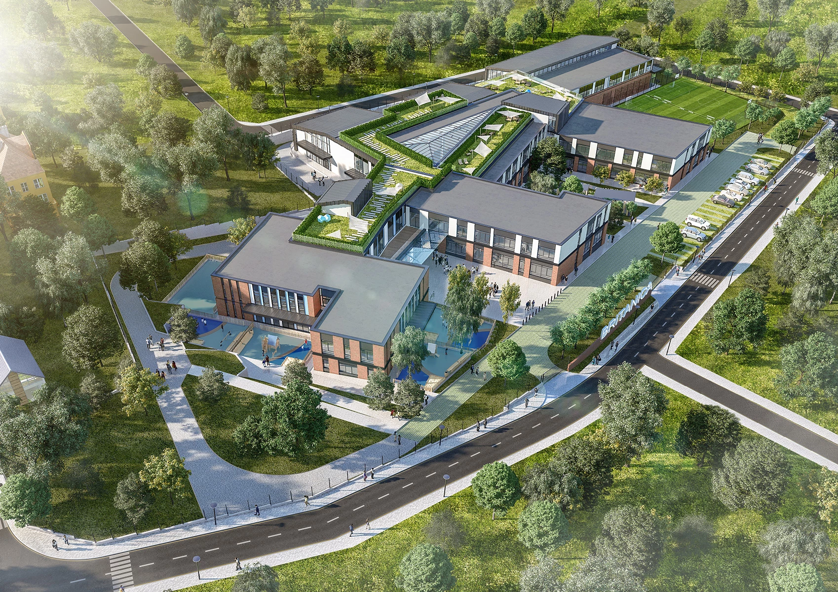 Поглед от въздуха към BRITANICA Park School и озеленената среда в София