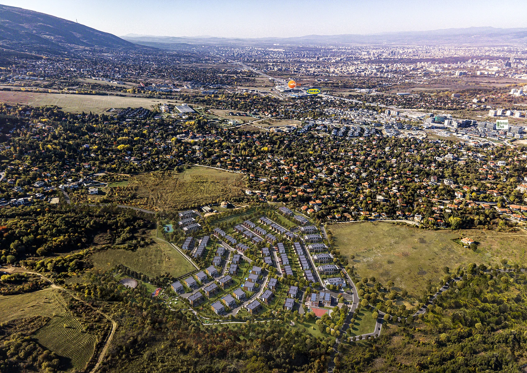 Aerial visualization of Gravity Homes & Living residential complex in the Kambanite area of Sofia