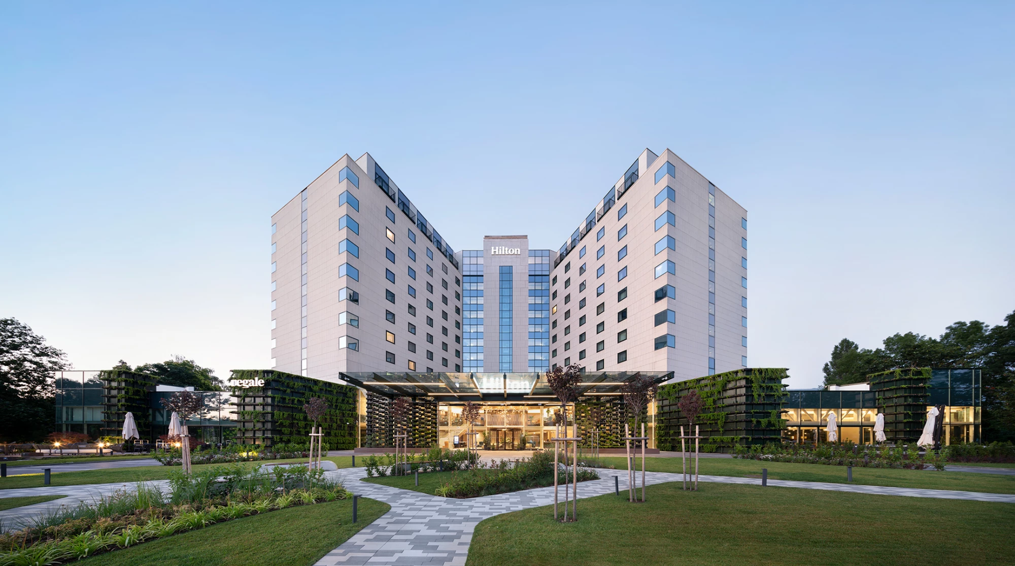 General view of the renovated Hilton Sofia and the landscaped park in front of the hotel