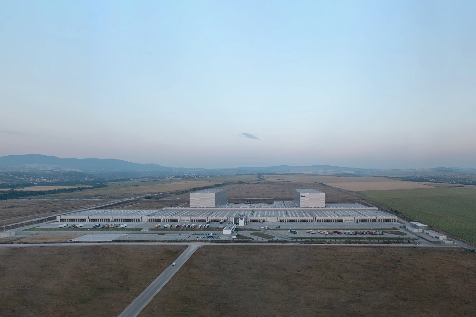 Aerial view of the JYSK Logistics Base in Bozhurishte with high-bay warehouses and service areas