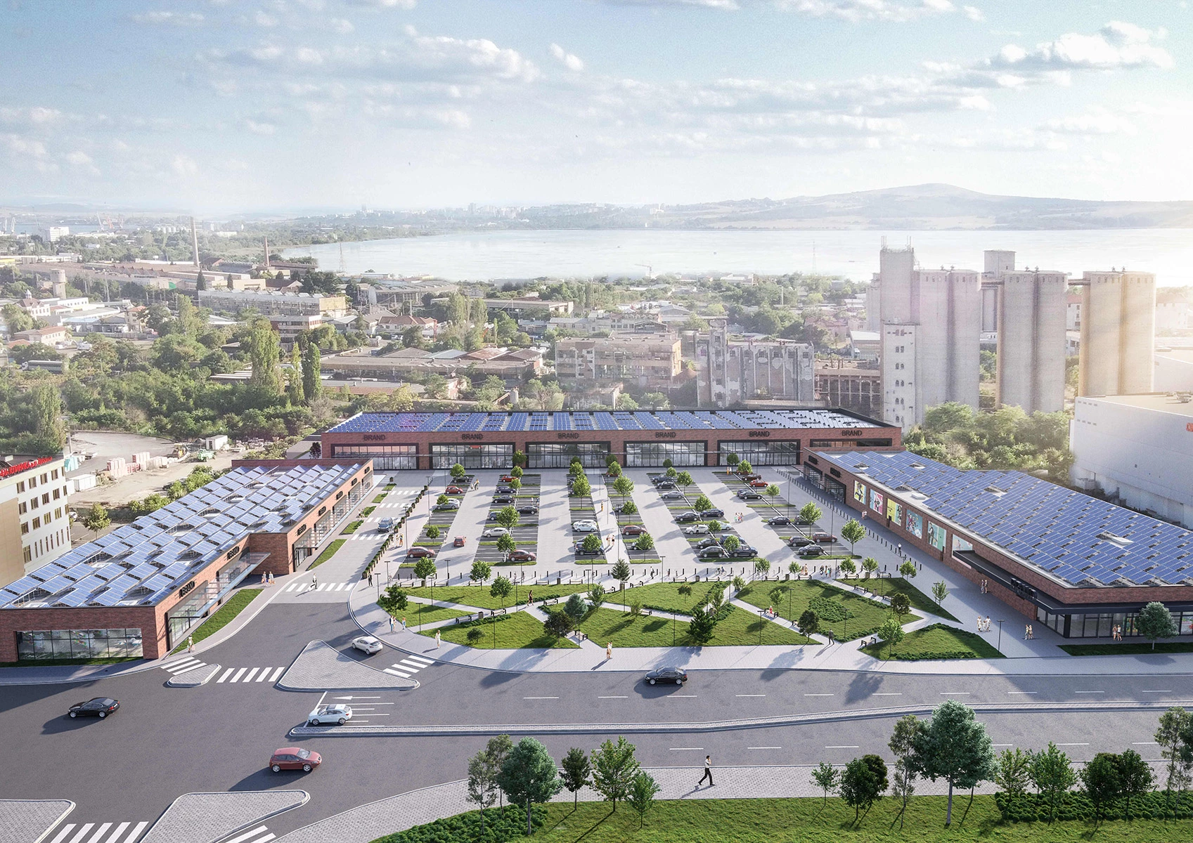 Aerial visualization of Pirgos Park in Burgas with retail buildings and parking