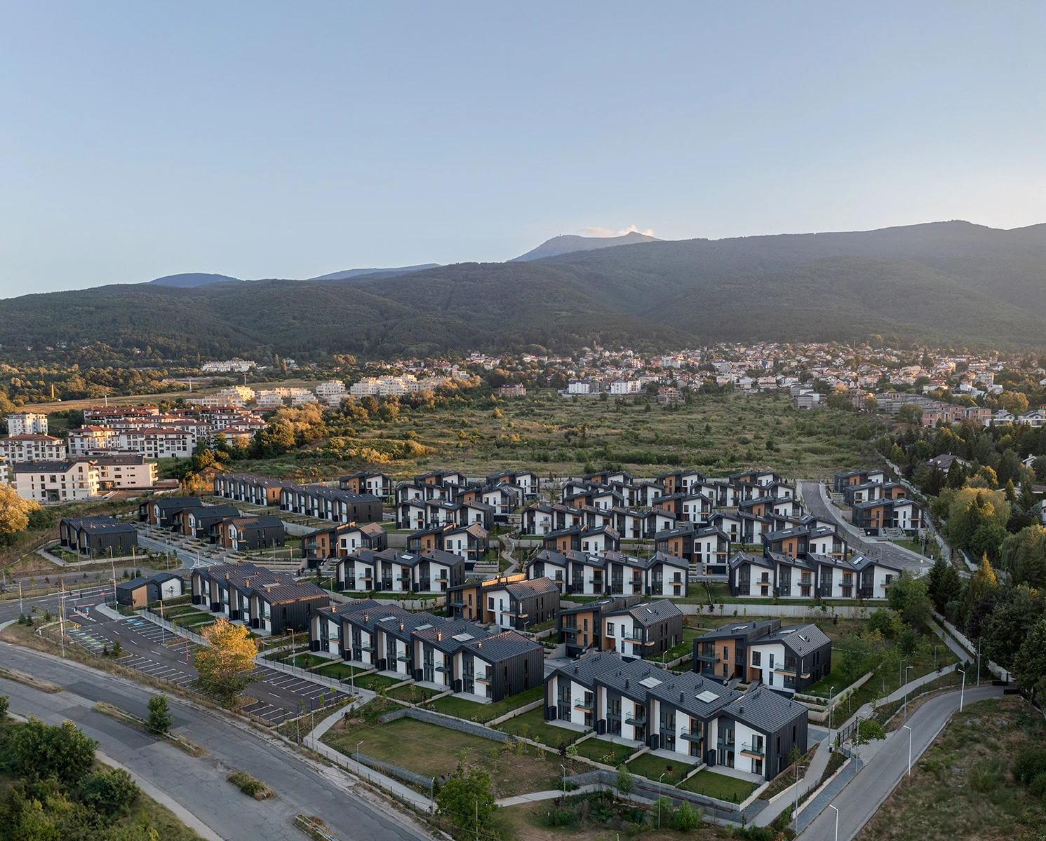 Aerial view of River Park residential complex in Simeonovo, Sofia, with Vitosha Mountain