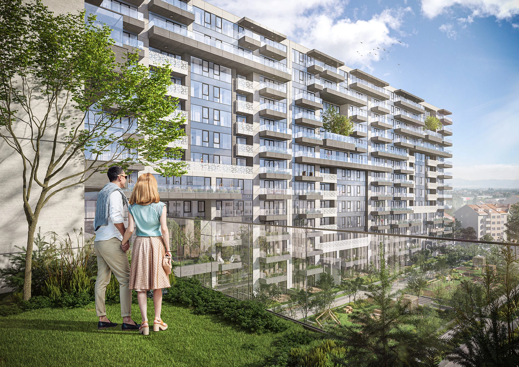 Озеленена тераса с изглед към остъклената фасада и балконите на Teatralna Park Residence в София