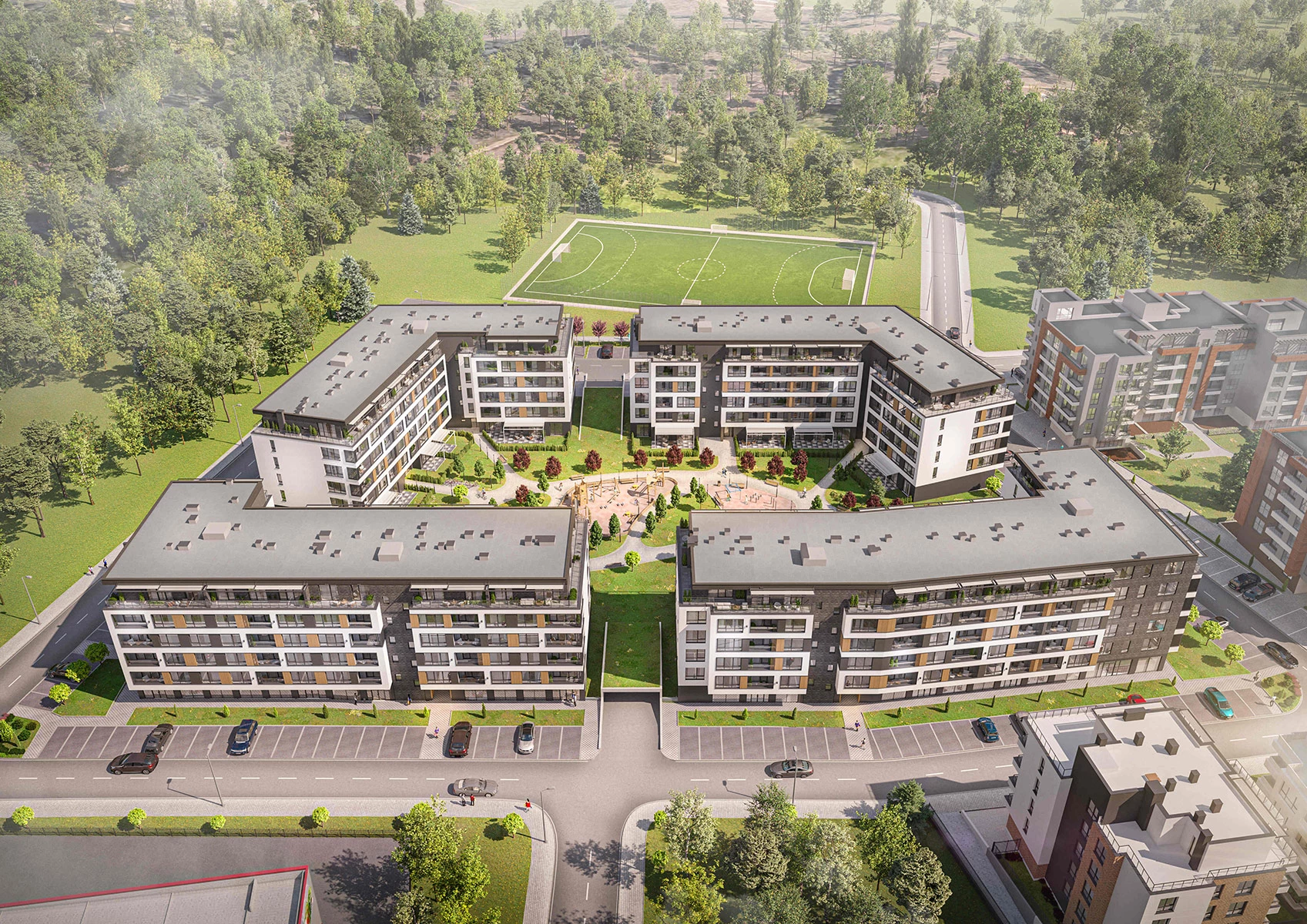 Aerial visualization of Vitosha Apartments with four residential buildings and a landscaped courtyard