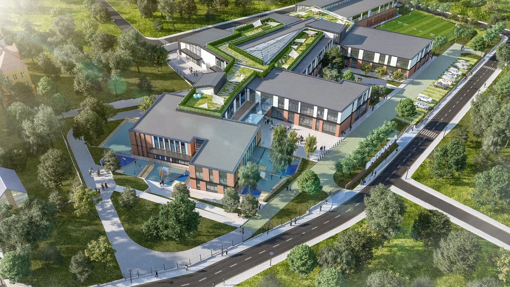 Поглед от въздуха към BRITANICA Park School и озеленената среда в София