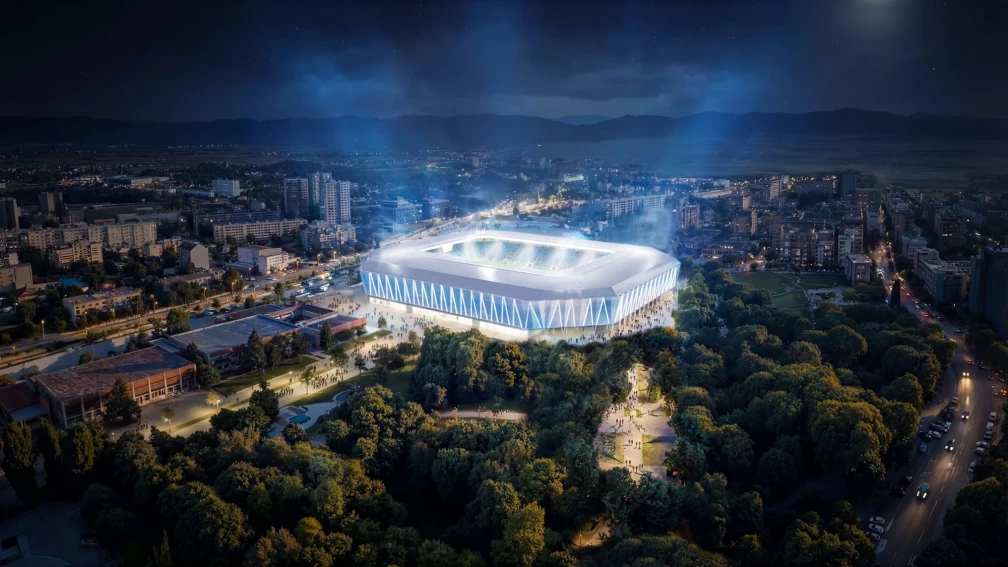 Night-time aerial visualization of the new Georgi Asparuhov Stadium in Sofia