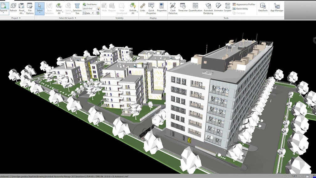 BIM модел на комплекс от многоетажни сгради с улици и озеленяване