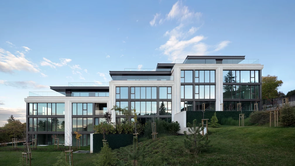 M Residence in Boyana with stepped volumes, glazed facades, and landscaped grounds