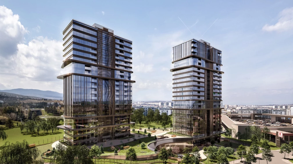 Aerial visualization of Sky Towers by AMur in Manastirski Livadi with the two residential towers and landscaped space between them