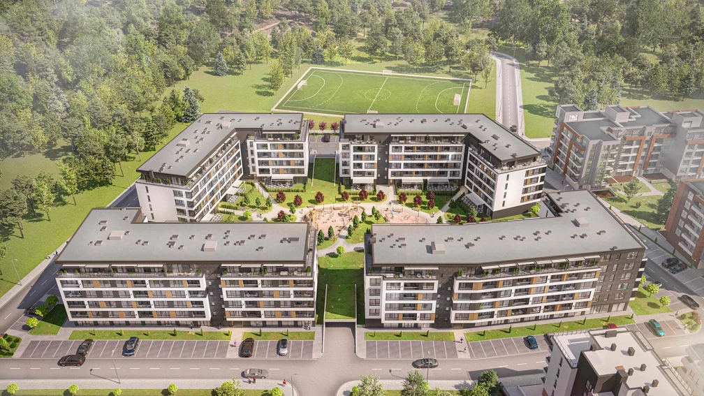 Въздушна визуализация на жилищен комплекс Vitosha Apartments с четири сгради и озеленен вътрешен двор