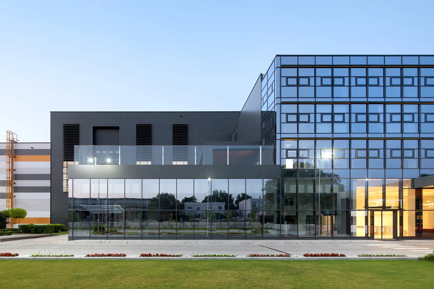 Facade of the administrative and production buildings at AREON in Varna