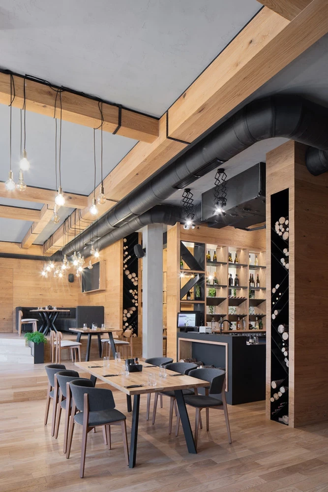 Bella Vista interior with wood ceiling elements and open shelving