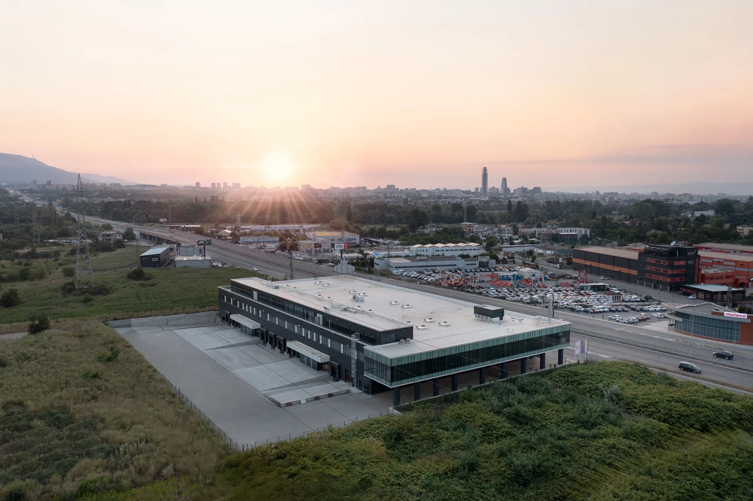 Aerial view of BG Line Logistics Base with administrative and warehouse areas