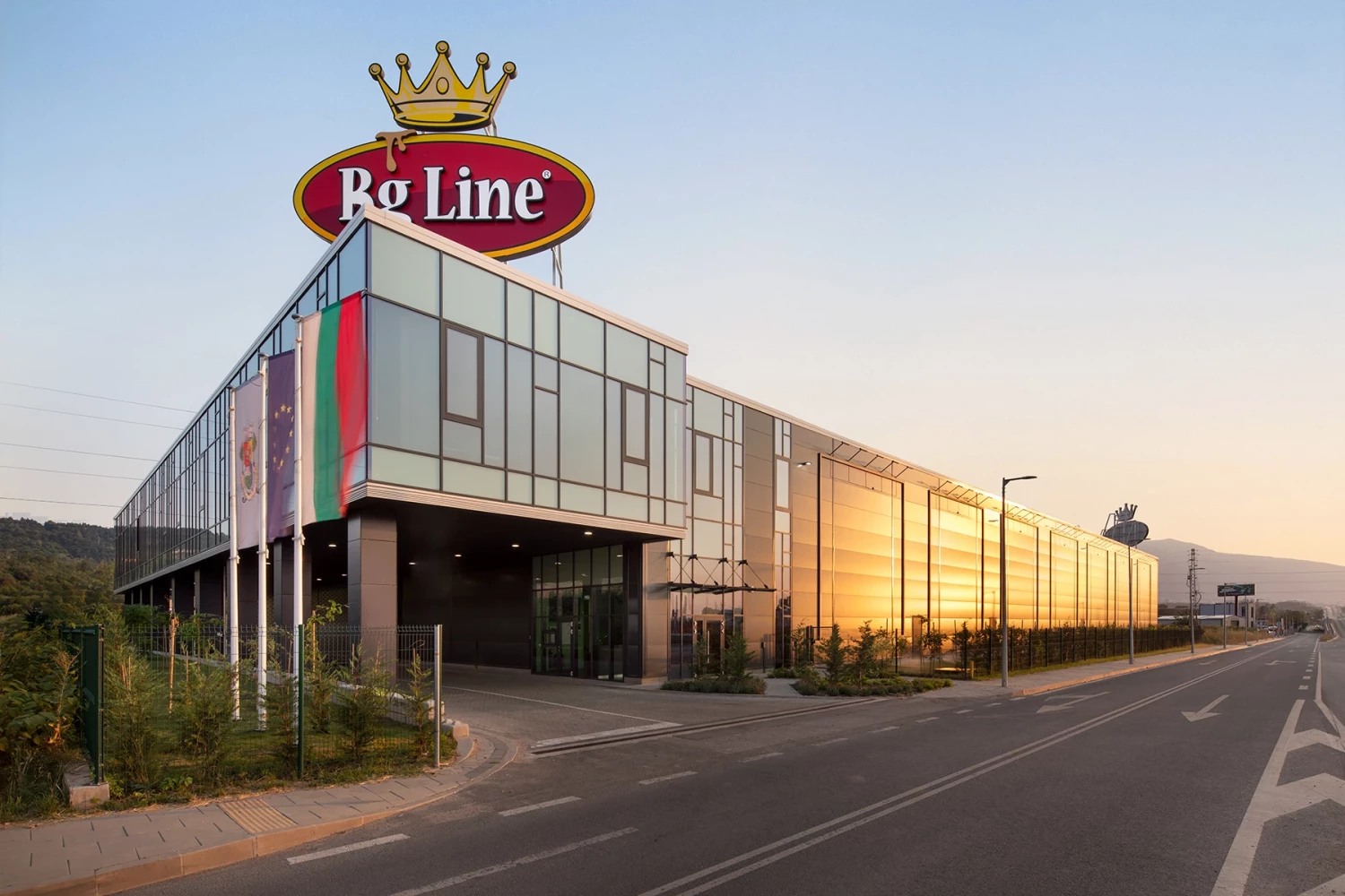 Perspective view of BG Line Logistics Base and the main approach to the building