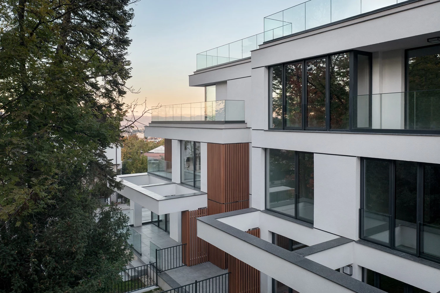 Detail of the facade and terraces at Boyana Senses