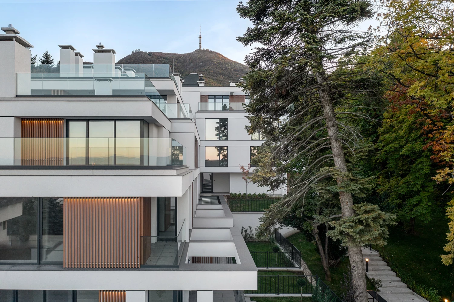 Facade detail of Boyana Senses with terraces and wood accents