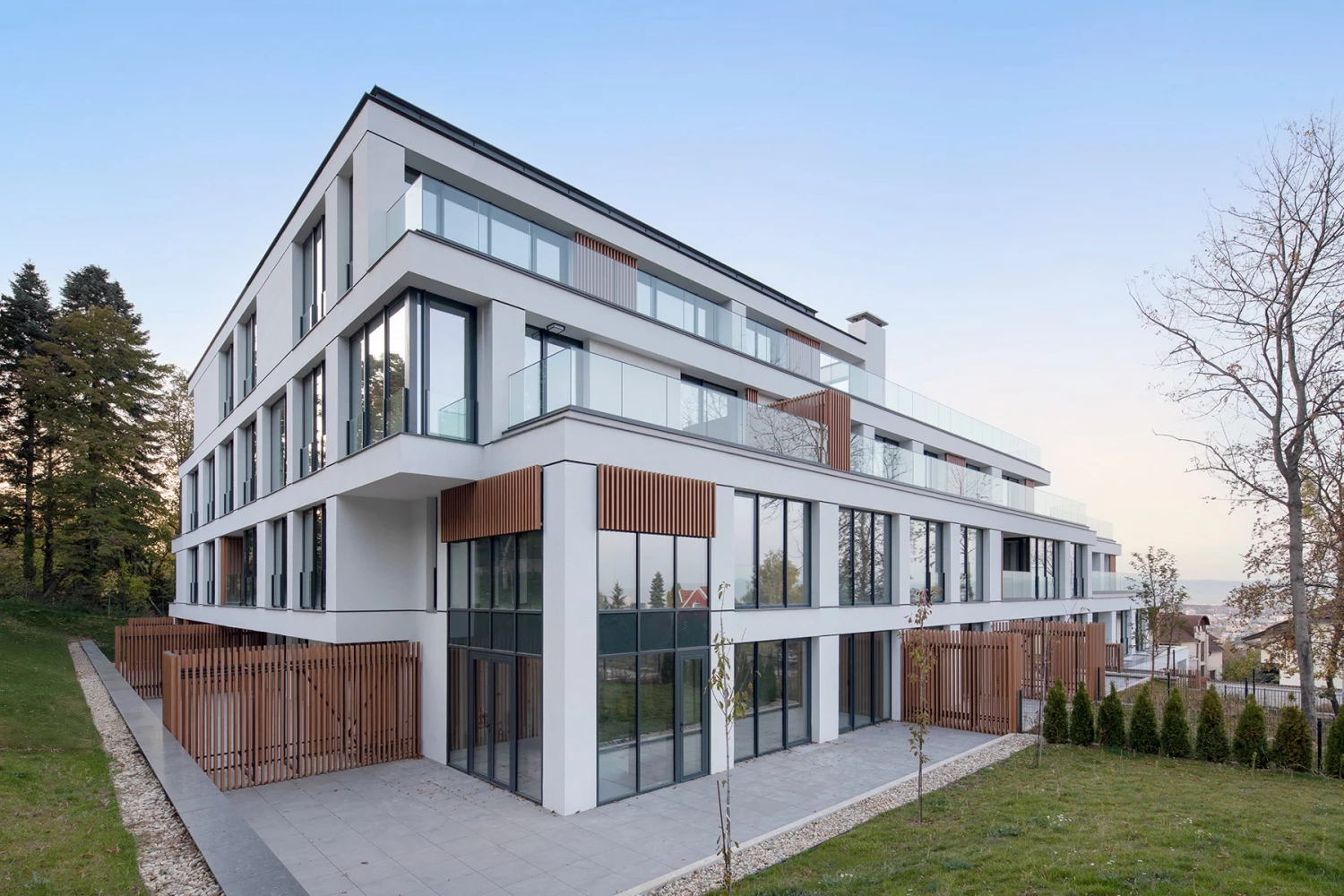 Long facade of Boyana Senses with terraced residential levels