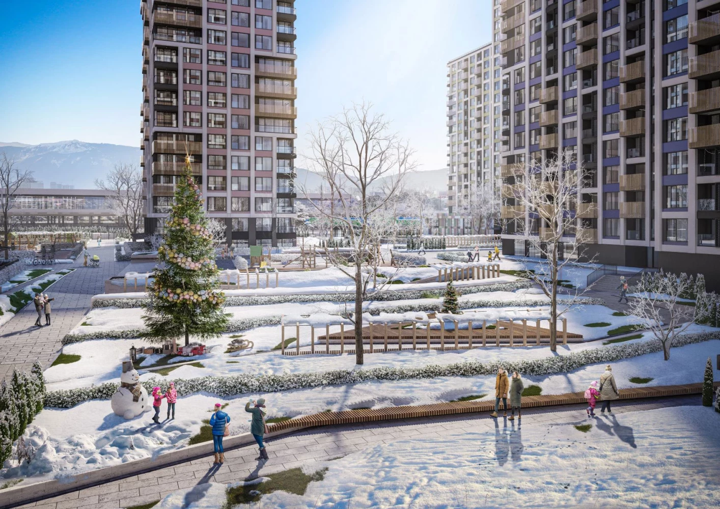 Winter visualization of Capitol Residence II with snow-covered landscaped spaces between the residential towers