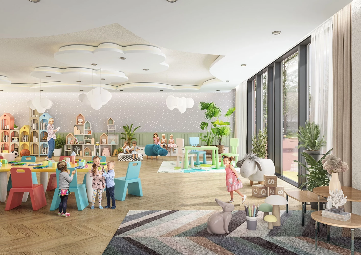 Детско пространство в Capitol Residence II с маси, места за сядане и големи прозорци