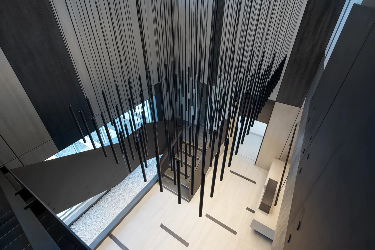 Interior detail in the CSC lobby with a vertical decorative installation
