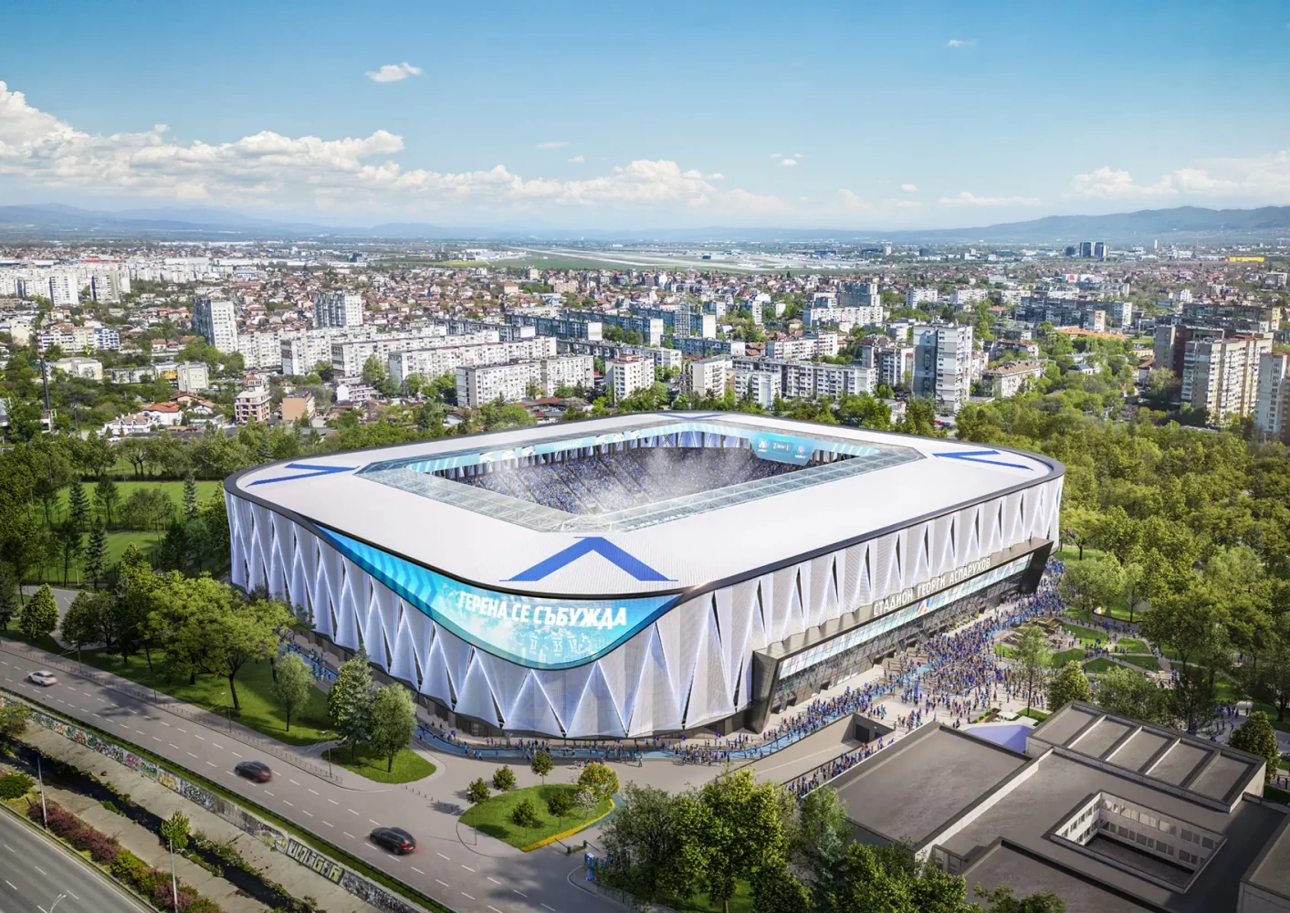 Daytime aerial visualization of the new Georgi Asparuhov Stadium and surrounding landscape