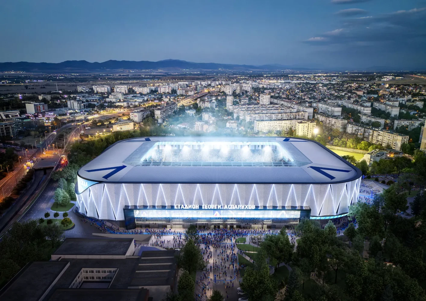 Evening visualization of the new Georgi Asparuhov Stadium with illuminated facade and city skyline