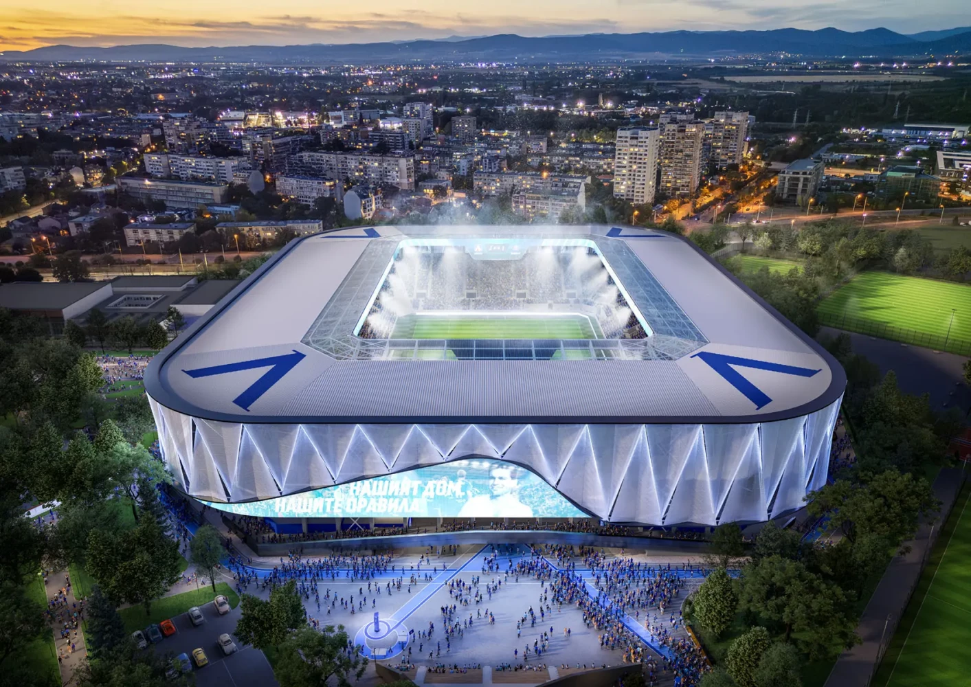 Aerial evening view of the pitch and digital facade of the new Georgi Asparuhov Stadium