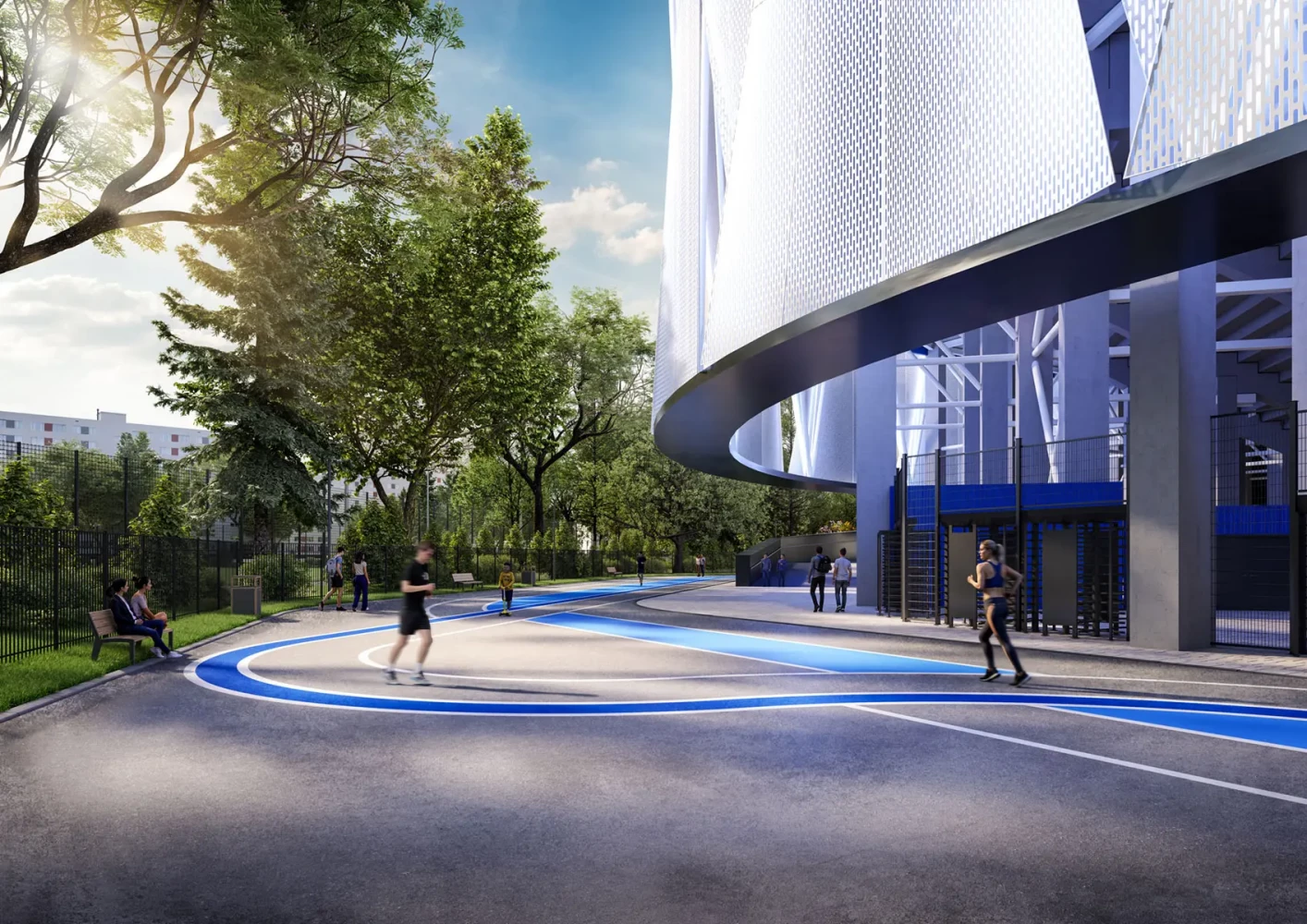 Street-level visualization of the entrance and public space at the new Georgi Asparuhov Stadium