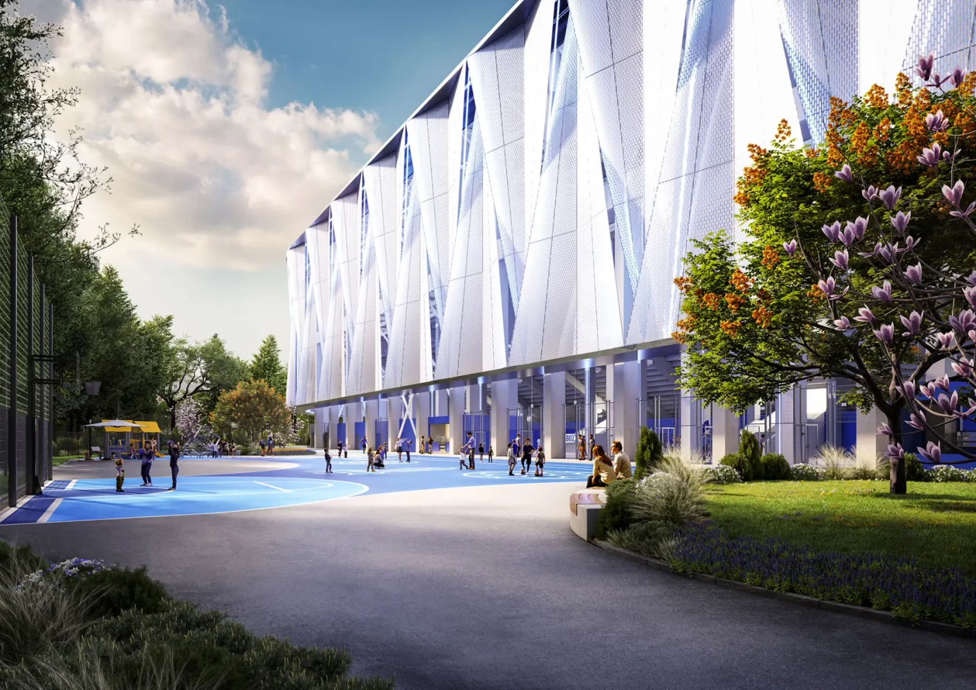 Street-level visualization of the facade and landscaped public realm around the new Georgi Asparuhov Stadium