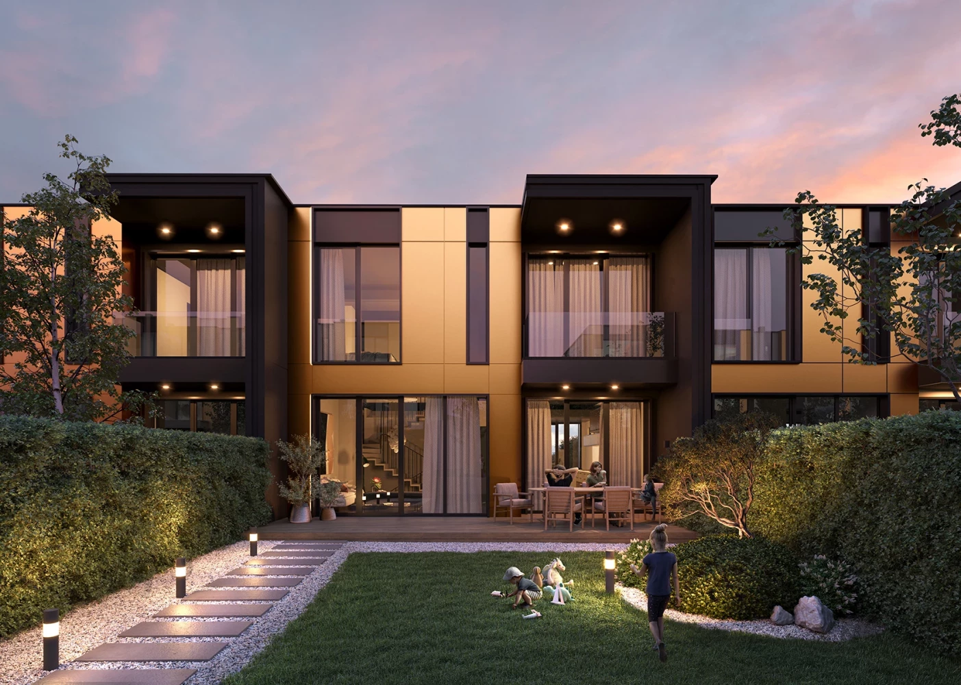 Visualization of a residential building at Gravity Homes & Living with a garden and large glazed openings