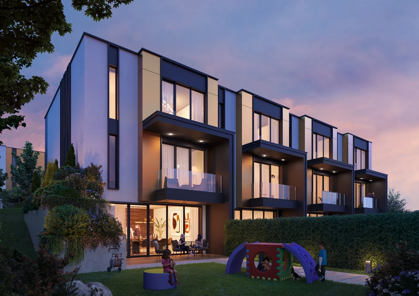 Perspective visualization of townhouses at Gravity Homes & Living at dusk