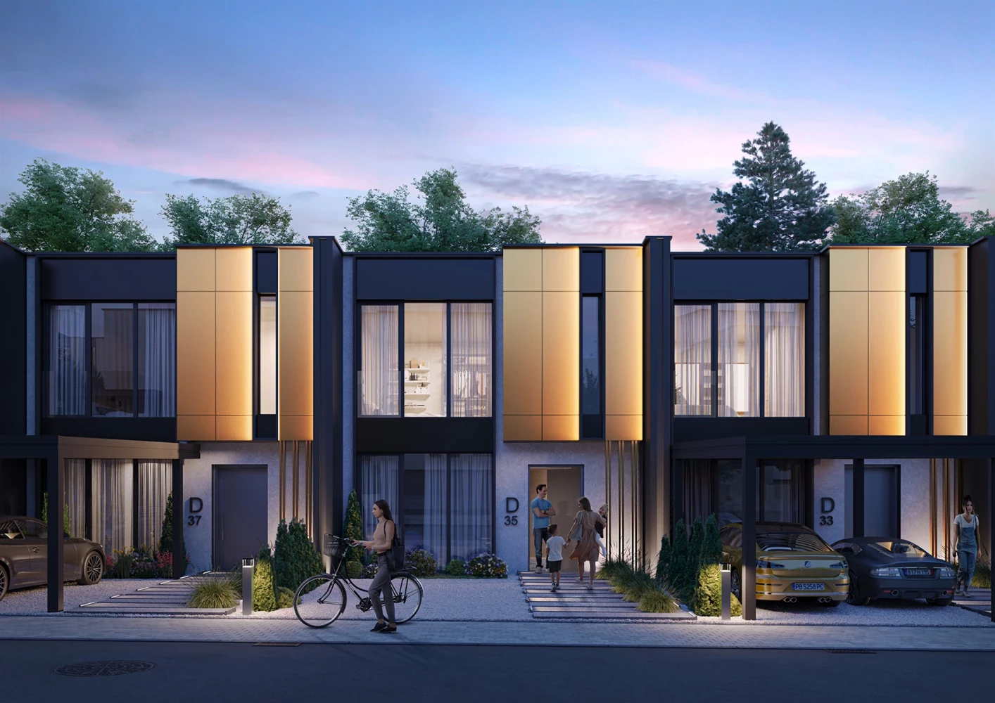 Front visualization of townhouses at Gravity Homes & Living with entrances and parking spaces