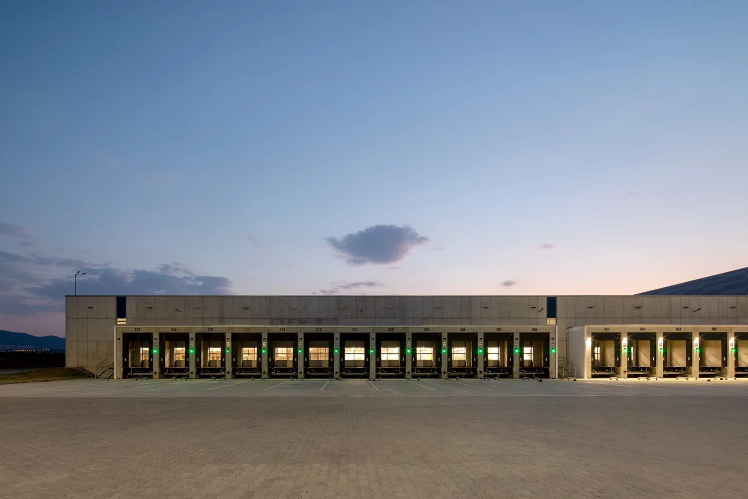 Loading docks at the JYSK Logistics Base at dusk