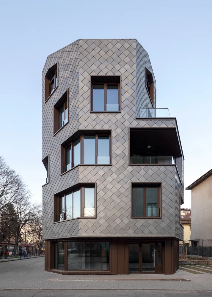 Front view of KA11 residential building in Lozenets with irregular facade openings