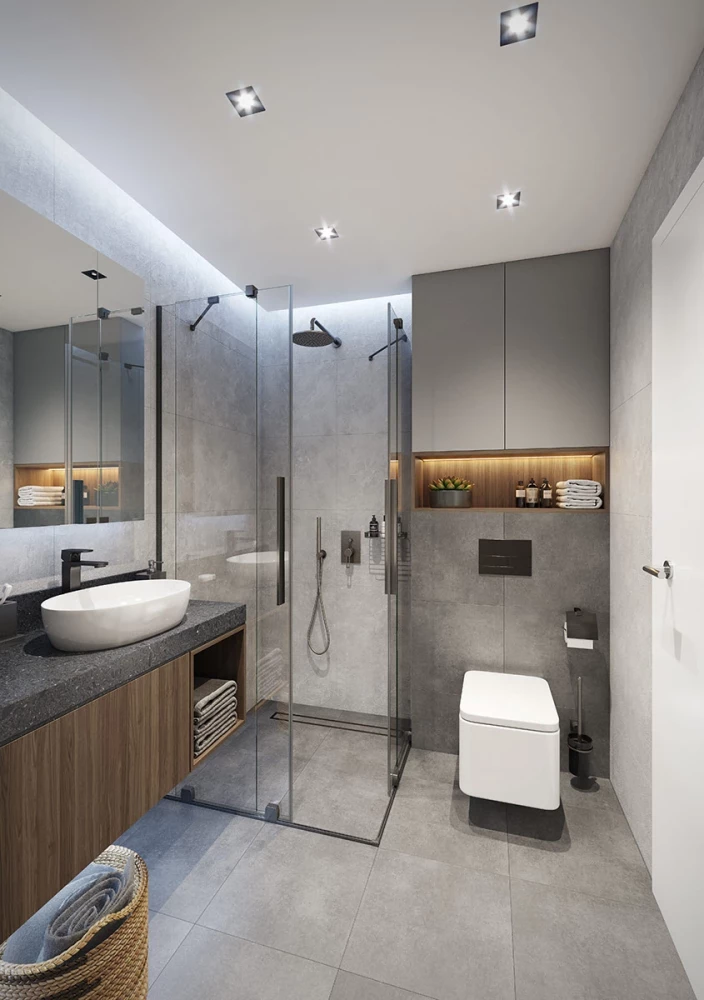 Интериор на баня с душ зона в апартамент в NIDO Residence