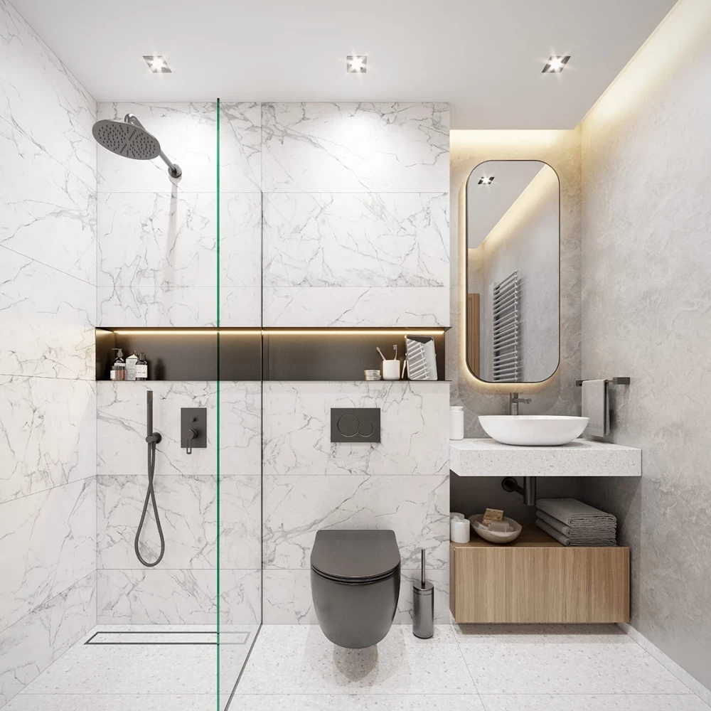 Интериор на баня с мраморни облицовки и стъклена душ преграда в NIDO Residence