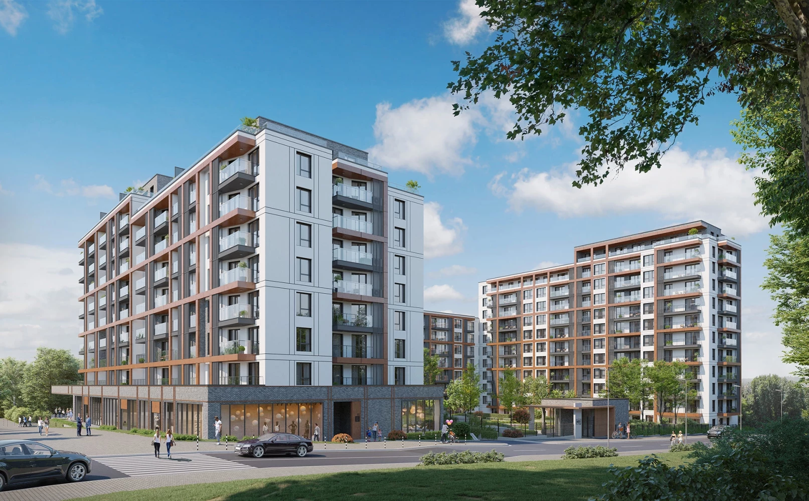 Изглед към жилищните сгради на NIDO Residence и партерните пространства