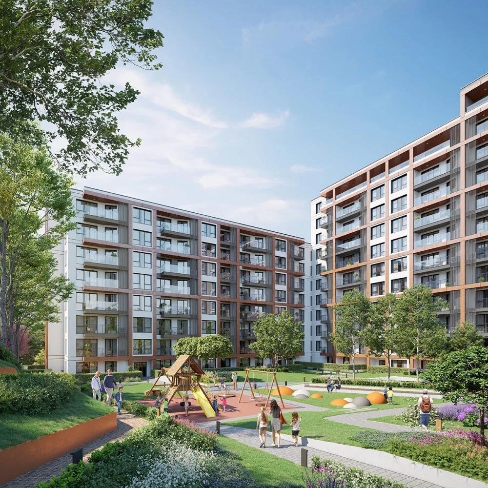 Вътрешен парк на NIDO Residence с жилищни сгради, зеленина и зони за отдих
