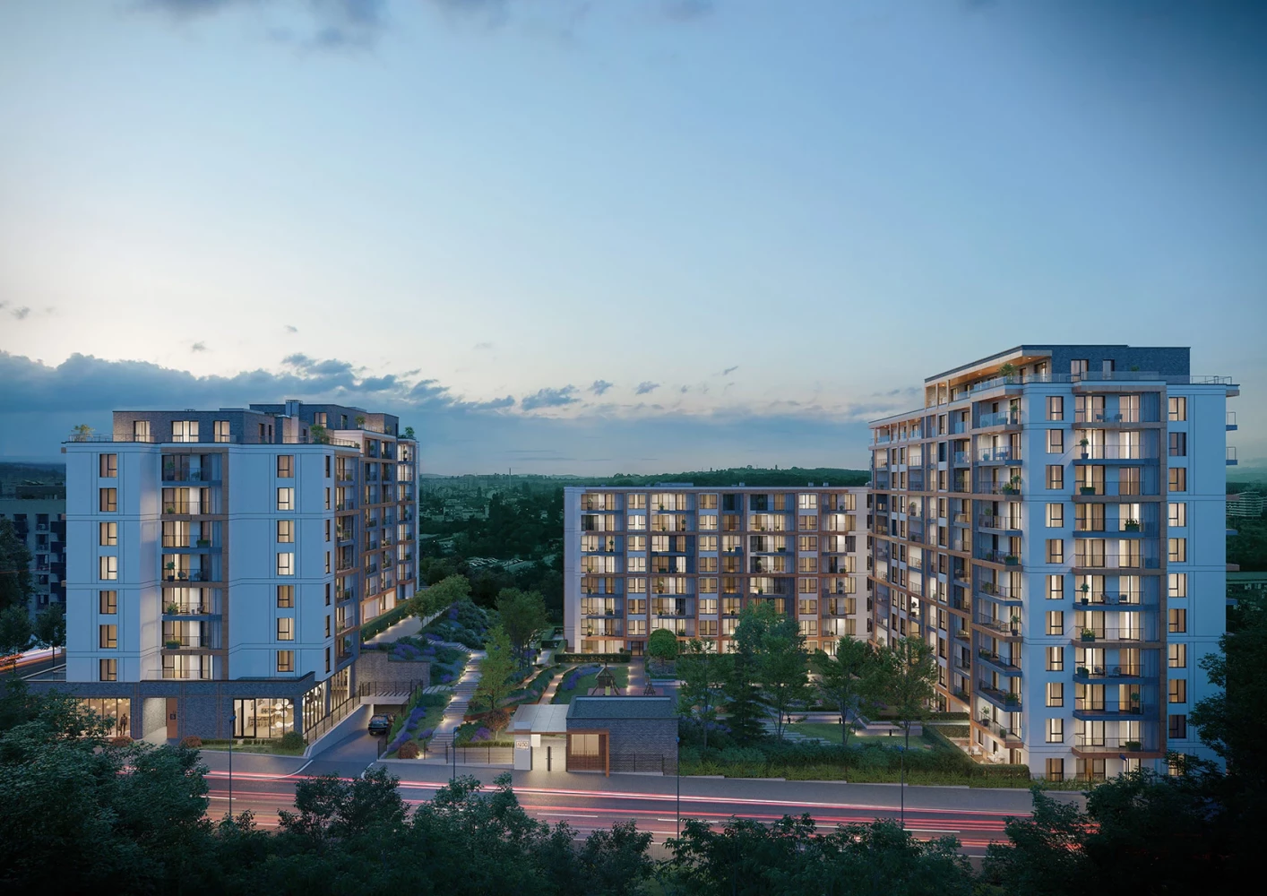Панорамен изглед към NIDO Residence в София с жилищните сгради и вътрешния двор