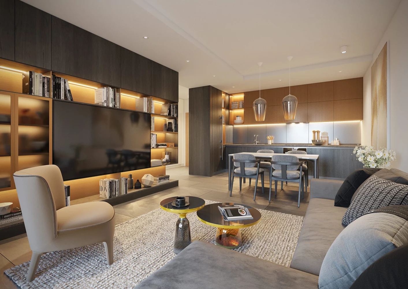 Интериор на дневна и трапезария в апартамент в NIDO Residence