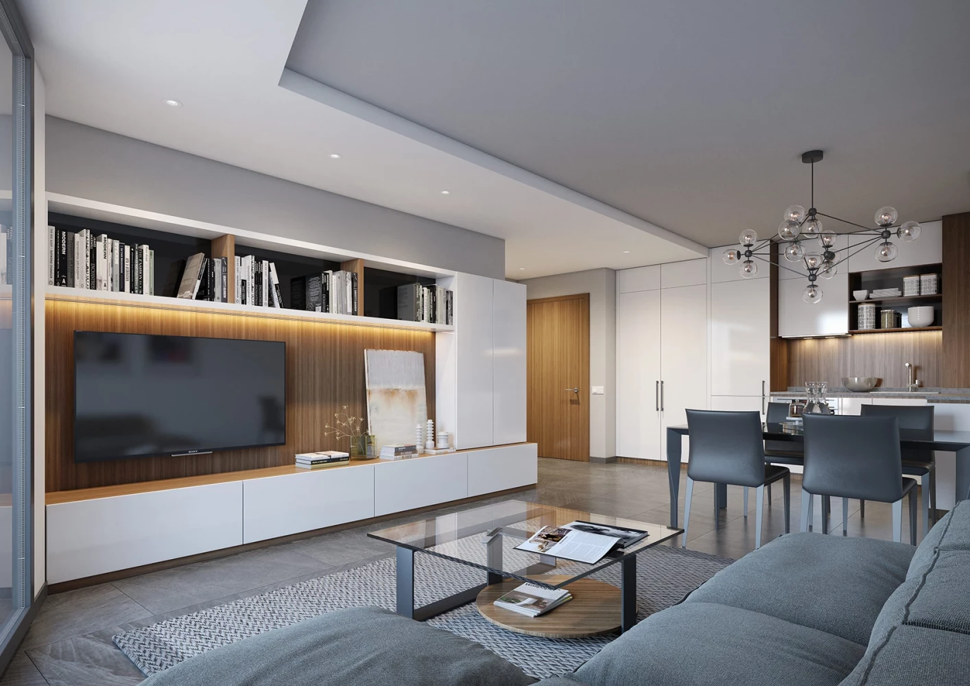Интериор на дневна с кухня и трапезария в апартамент в NIDO Residence