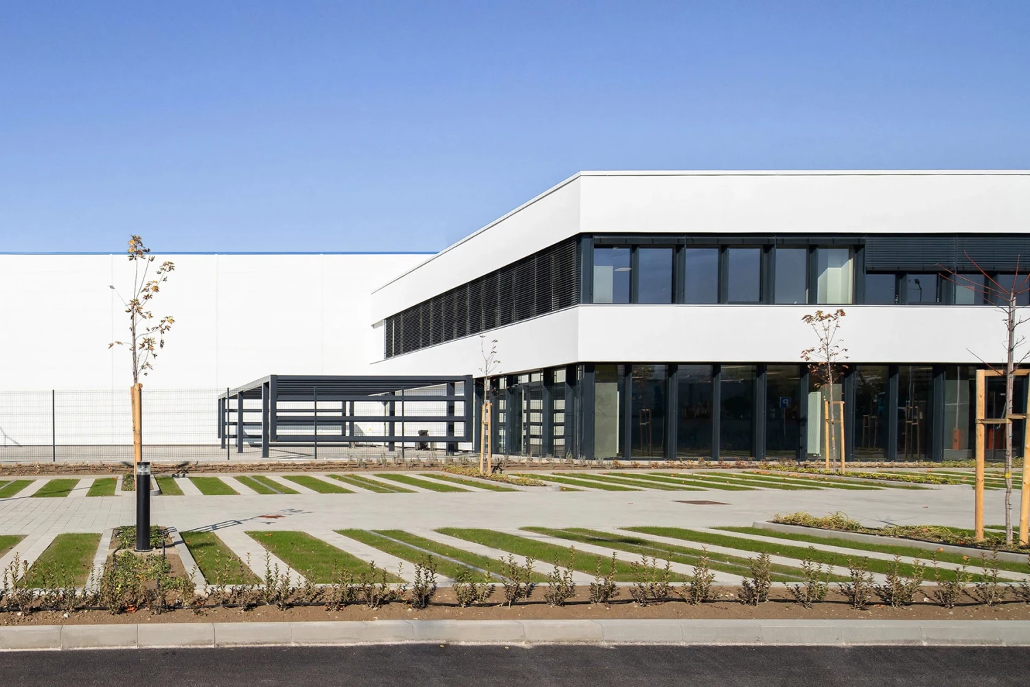 Facade and landscaped grounds of the Ottobock manufacturing facility in Blagoevgrad