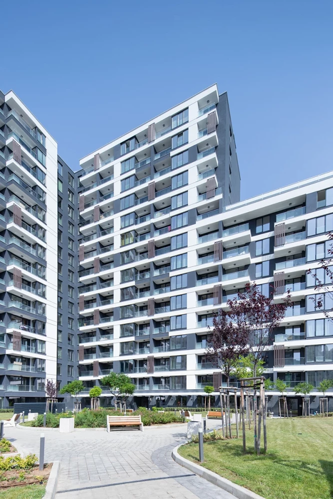 Facades and balconies of the residential sections at Park View Residence