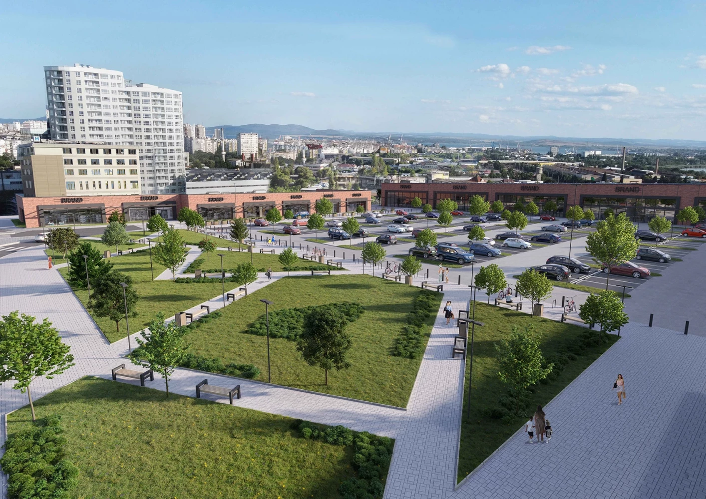 Visualization of the landscaped public space and retail buildings at Pirgos Park in Burgas