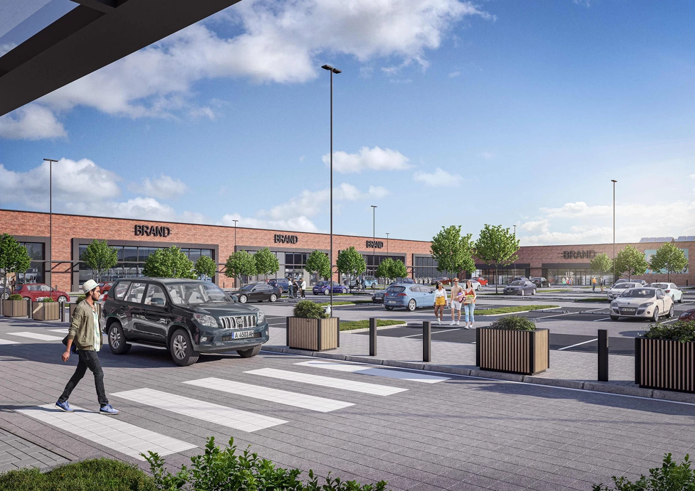 Visualization of the retail facades and parking area at Pirgos Park in Burgas