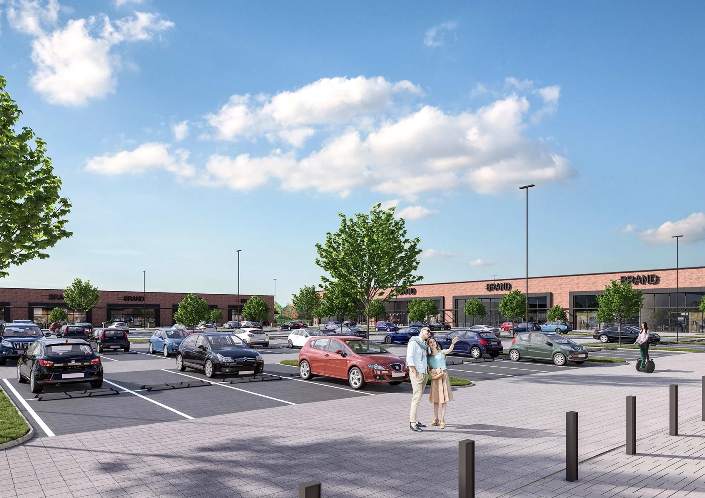 Visualization of the parking, landscaping, and retail facades at Pirgos Park in Burgas