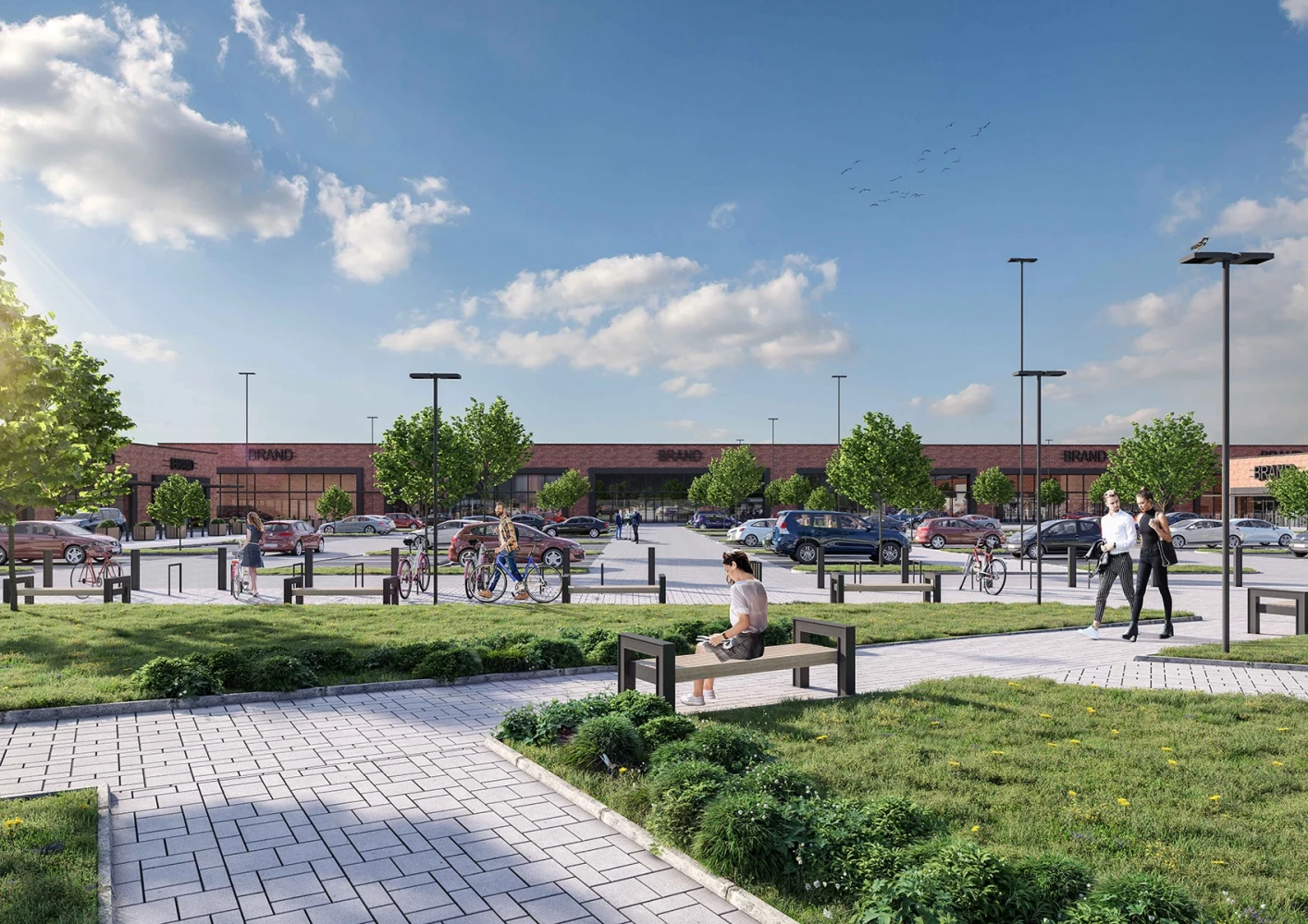 Visualization of the landscaped area at Pirgos Park with walkways, seating, and retail buildings