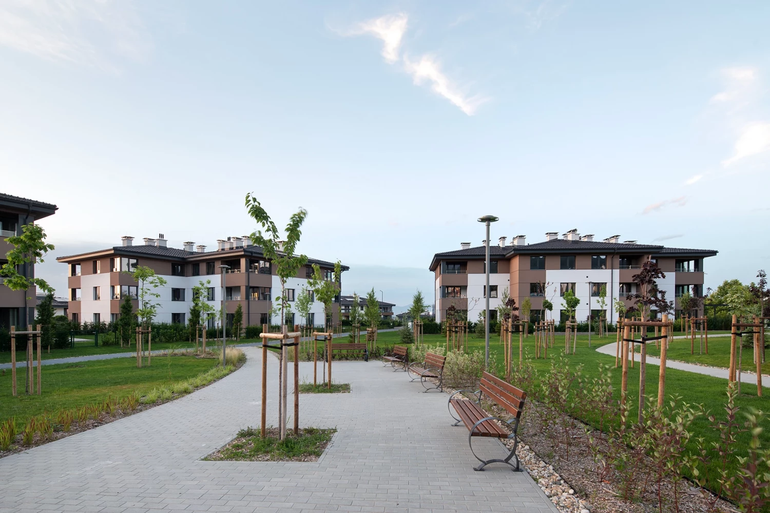 Landscaped pedestrian area between the residential buildings at Residential Park Sofia Phase 3B
