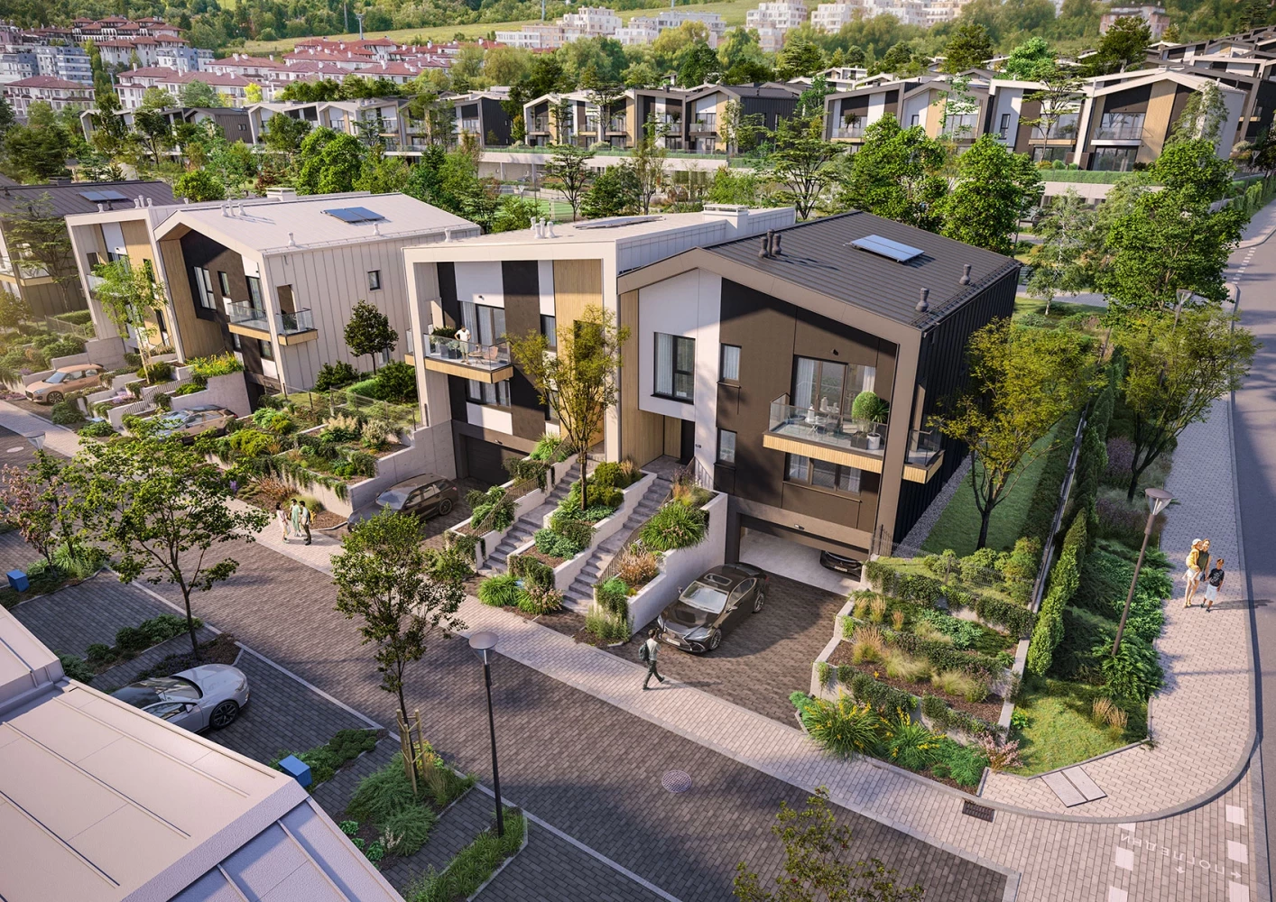 Single-family homes and landscaped alleys at River Park Phase 2 in Simeonovo