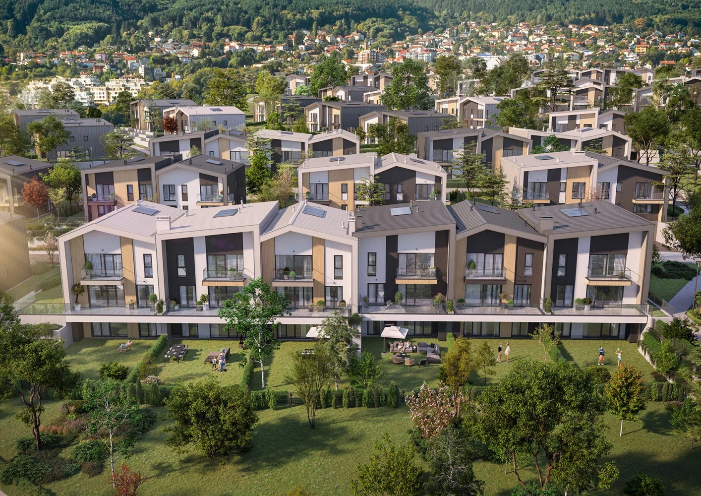 Residential homes with private gardens and landscaping at River Park Phase 2